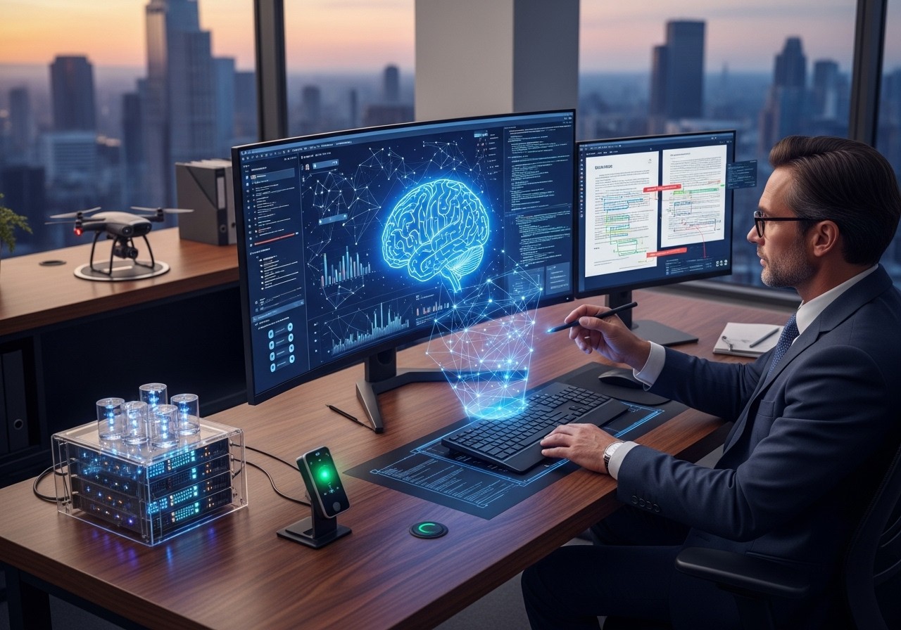 Advogado usando inteligência artificial em escritório com cérebro digital holográfico e documentos jurídicos nas telas