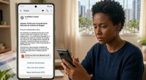 Mulher lendo notificação extrajudicial de rescisão de contrato de aluguel recebida por mensagem no celular