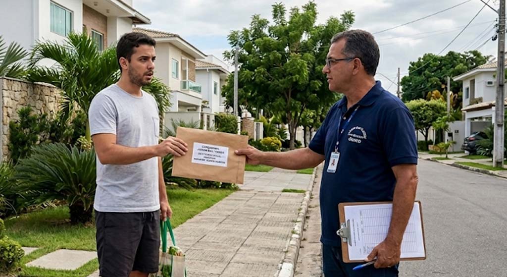 Funcionário de condomínio entregando notificação formal para morador na entrada de residência