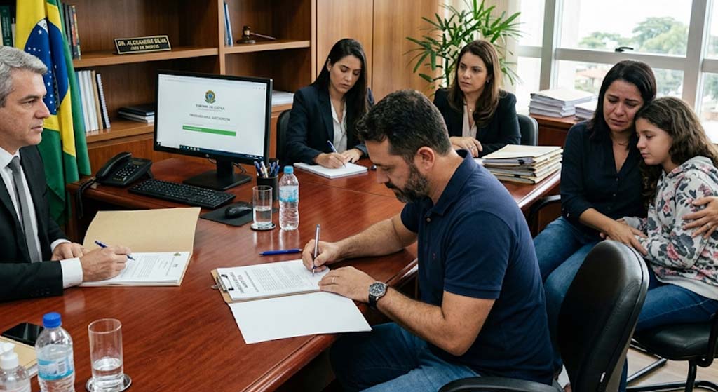 Família em audiência judicial para tratar de pensão alimentícia atrasada, com documentos sendo assinados sobre mesa