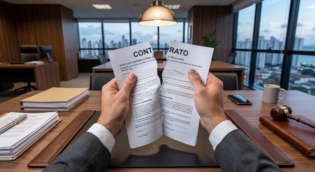 Pessoa rasgando um contrato ao meio sobre mesa de escritório, simbolizando descumprimento contratual por serviço não realizado