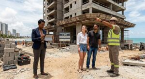 Casal de compradores visitando obra atrasada de edifício residencial à beira-mar com engenheiro e corretora