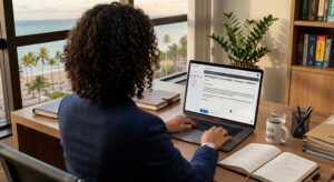 Mulher redigindo notificação extrajudicial no notebook em escritório com vista para o mar