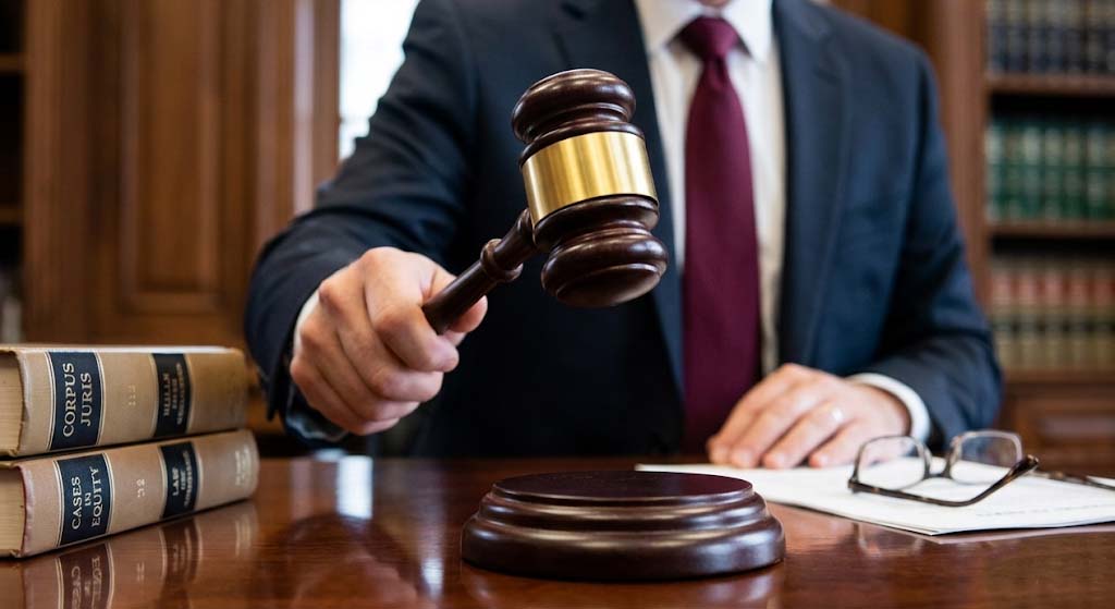 Juiz ou leiloeiro com martelo judicial sobre mesa em ambiente jurídico representando procedimento de leilão