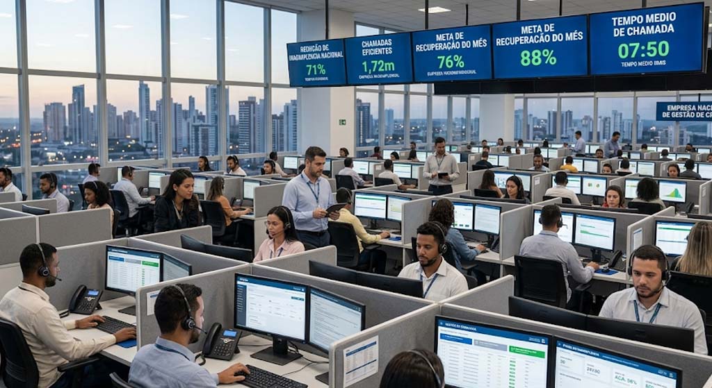 Central de cobrança com equipe monitorando metas de recuperação de inadimplência em painéis digitais