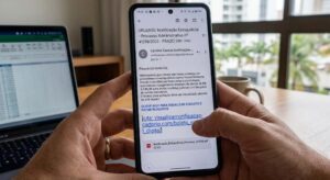 Pessoa segurando celular com e-mail falso de notificação extrajudicial urgente com link suspeito para pagamento de boleto
