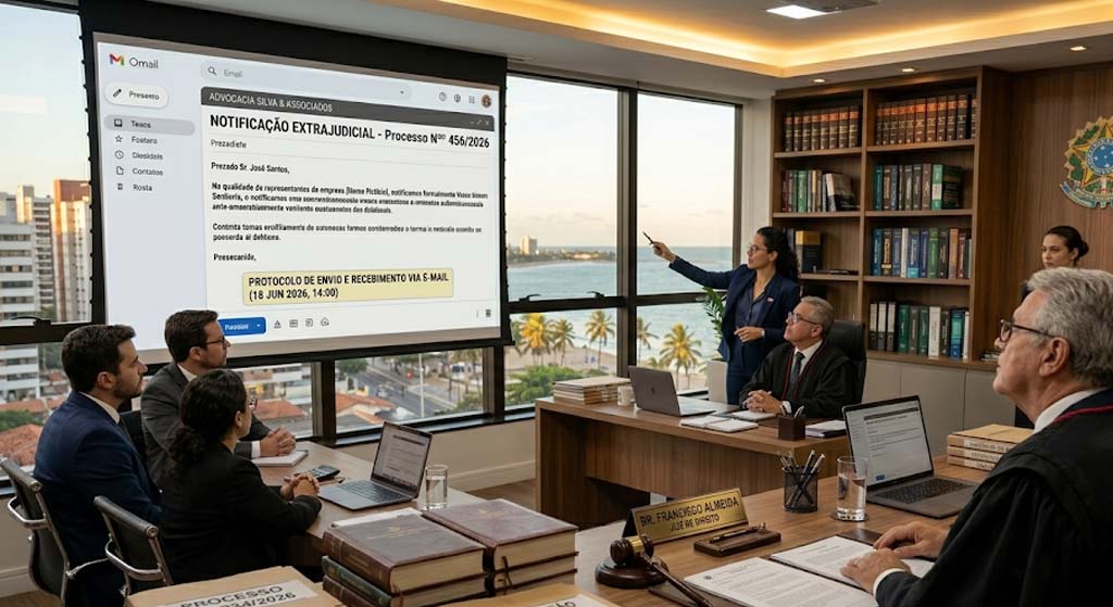 Advogada apresentando notificação extrajudicial enviada por e-mail com protocolo de envio e recebimento em audiência judicial