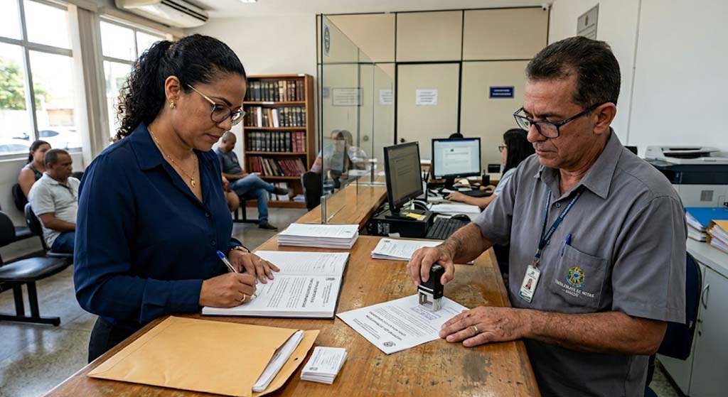 Mulher protocolando notificação extrajudicial em cartório com funcionário aplicando carimbo em documento