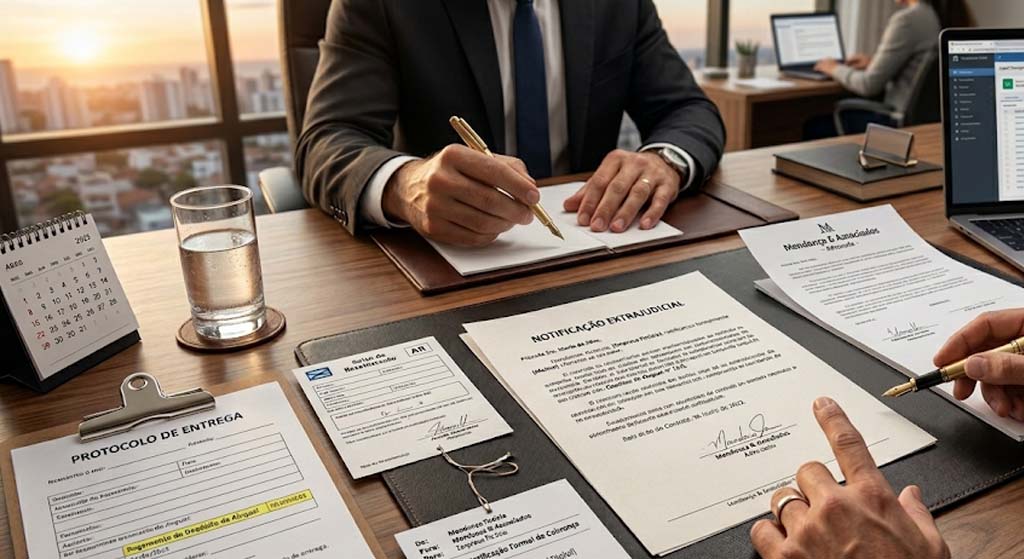 Documentos de prova documental sobre mesa com notificação extrajudicial, protocolo de entrega e aviso de recebimento
