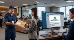 Comparação entre entrega de carta registrada física pelos Correios e confirmação instantânea de notificação digital em tela de computador