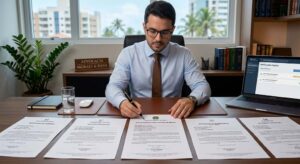 Advogado revisando cinco modelos de notificação extrajudicial sobre mesa de escritório com plataforma digital de notificações ao fundo