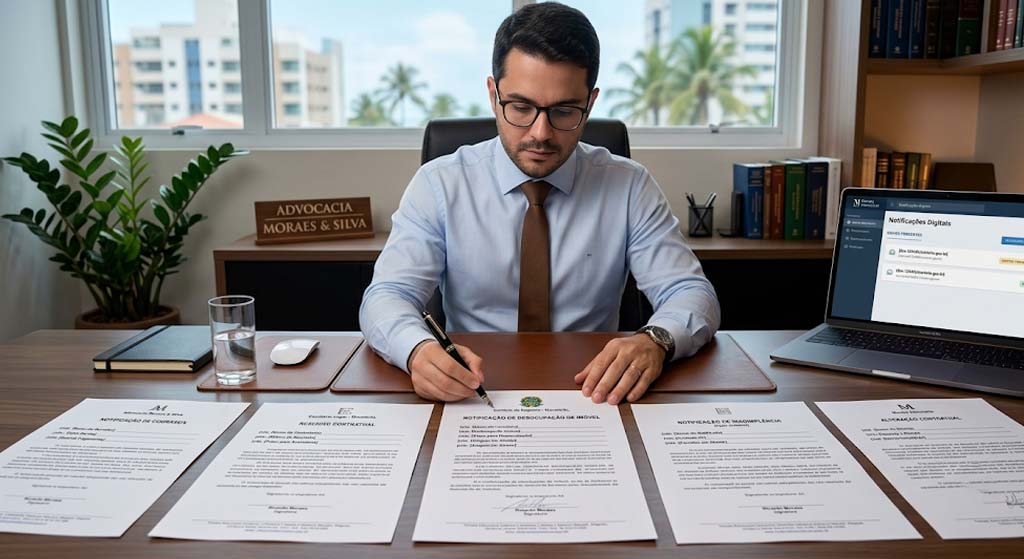 Advogado revisando cinco modelos de notificação extrajudicial sobre mesa de escritório com plataforma digital de notificações ao fundo
