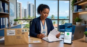 Corretora de imóveis analisando documentos com envelope de carta registrada AR dos Correios e smartphone exibindo confirmação de notificação digital enviada.