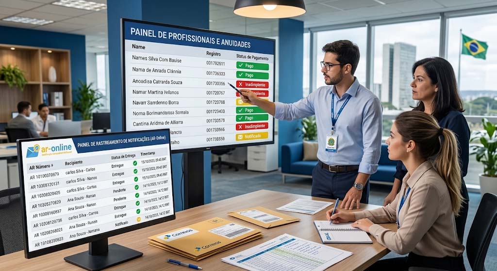 Equipe de conselho de classe analisando painel digital de profissionais e anuidades com status de pagamento e rastreamento de notificações AR-Online, contrastando com envelopes físicos dos Correios