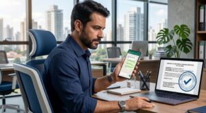 Profissional PJ revisando contrato fechado pelo WhatsApp no celular enquanto notebook exibe documento registrado oficialmente