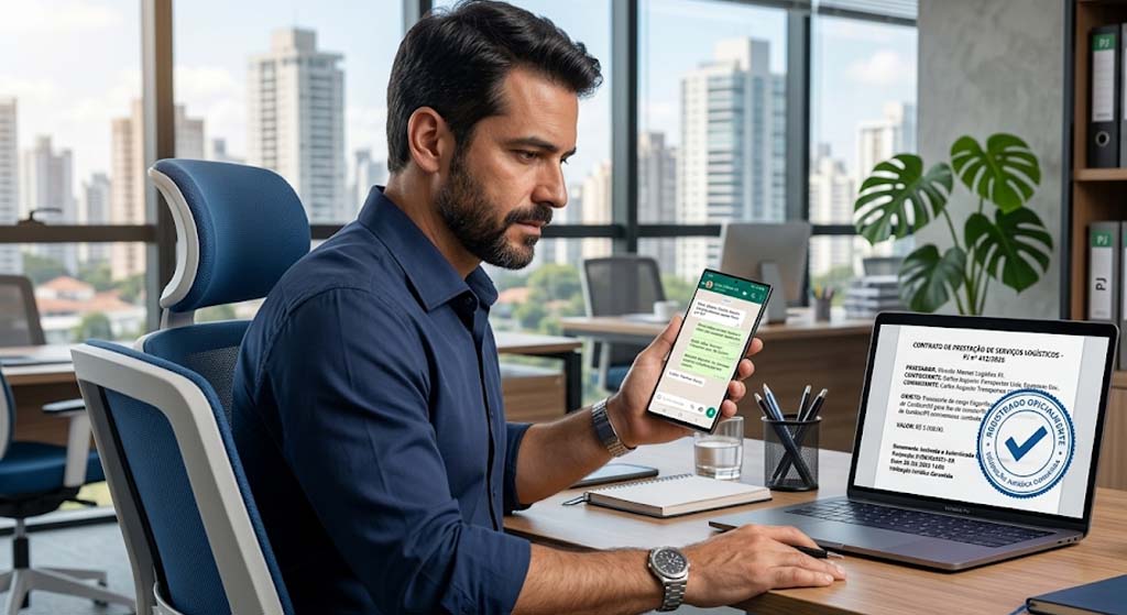 Contrato PJ pelo WhatsApp é válido – Entenda quando pode dar problema Profissional PJ revisando contrato fechado pelo WhatsApp no celular enquanto notebook exibe documento registrado oficialmente