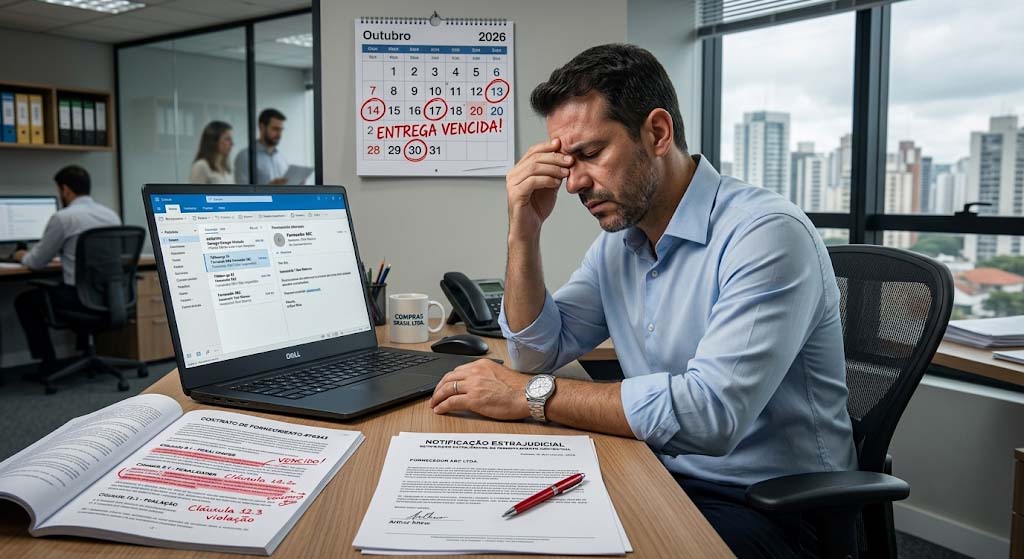 Profissional de compras preocupado diante de contrato de fornecimento com cláusulas marcadas como violadas e notificação extrajudicial sobre a mesa, com calendário exibindo entrega vencida ao fundo