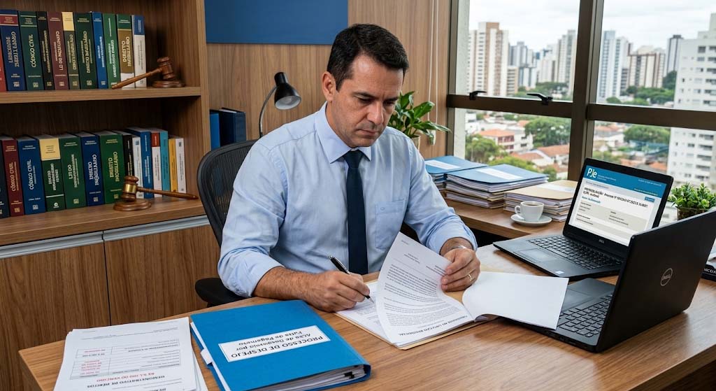 Como entrar com uma ação de despejo por falta de pagamento Advogado assinando documentos de processo de ação de despejo por falta de pagamento em escritório jurídico com sistema PJe aberto no notebook