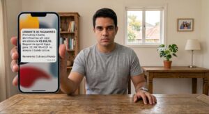 Homem em ambiente doméstico segurando smartphone com SMS de lembrete de pagamento em atraso enviado pela Cobrança Rápida