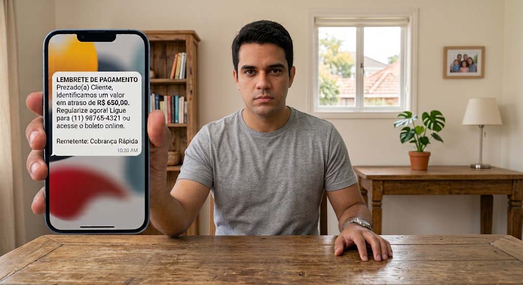 Homem em ambiente doméstico segurando smartphone com SMS de lembrete de pagamento em atraso enviado pela Cobrança Rápida