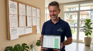 Síndico avisando moradores do condomínio com tablet exibindo registro digital de comunicações, mural de avisos tradicional ao fundo