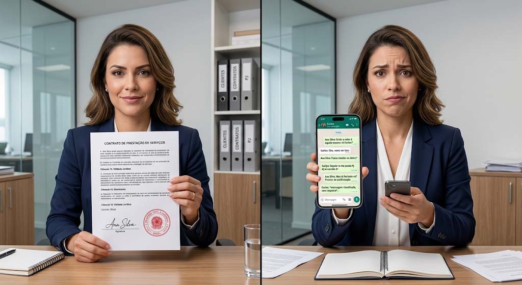 Contrato sem assinatura tem validade jurídica. Entenda quando é válido e quando pode dar problema Comparação entre profissional confiante segurando contrato formal assinado e a mesma profissional incerta com conversa de WhatsApp como único registro do acordo
