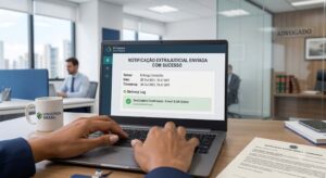 Profissional enviando notificação extrajudicial pelo notebook com confirmação de entrega via AR Online, sem necessidade de advogado, com escritório de advocacia desfocado ao fundo