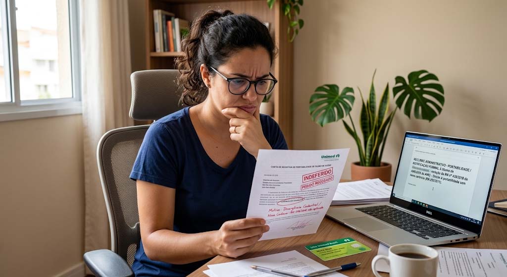 Mulher preocupada lendo carta de negativa de portabilidade de plano de saúde com notebook exibindo notificação formal baseada na RN 438 e RN 585
