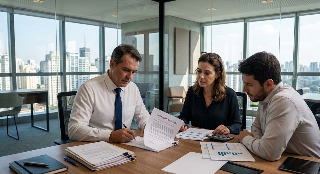 Sócio quer sair da sociedade Veja o passo a passo para formalizar sua retirada e proteger a empresa Três sócios em reunião corporativa analisando documento de alteração contratual e demonstrativos financeiros durante processo de saída de sócio