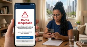 Tela de smartphone exibindo alerta de conta bancária bloqueada com mulher ao fundo verificando celular preocupada em casa