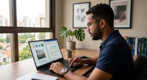 Profissional redigindo notificação extrajudicial no notebook para solicitar remoção de conteúdo indevido publicado em redes sociais