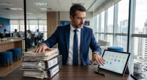 Gestor comparando pilha de documentos físicos com pastas digitais organizadas em tablet sobre mesa de escritório