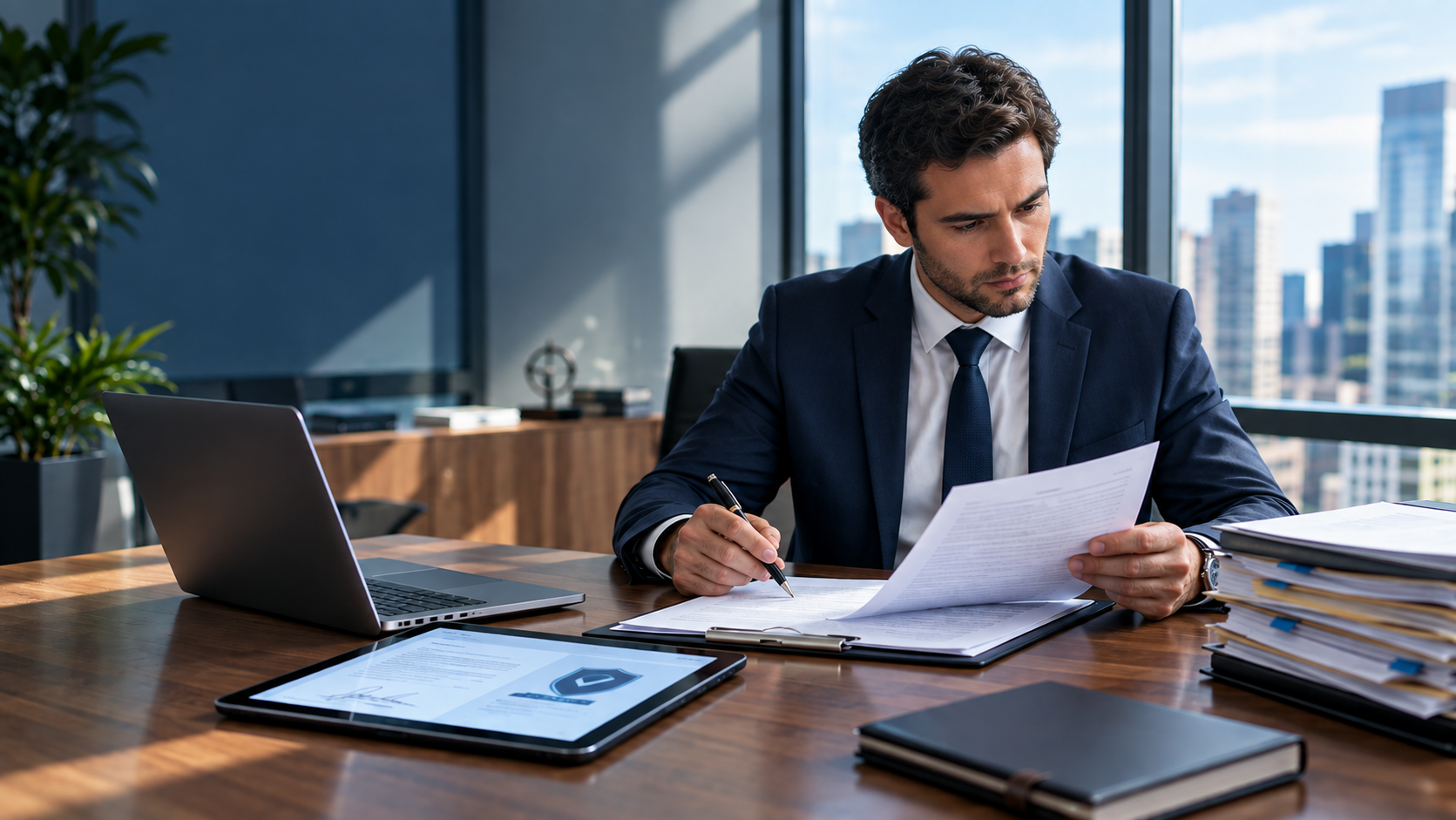 Validade jurídica de documentos: o que é e como garantir segurança na comprovação Homem de terno analisando e assinando documentos em escritório corporativo moderno